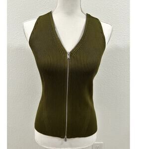 DKNY Womens Zip-Front Sleeveless Knit Top Green Size XS V-neck Office Work